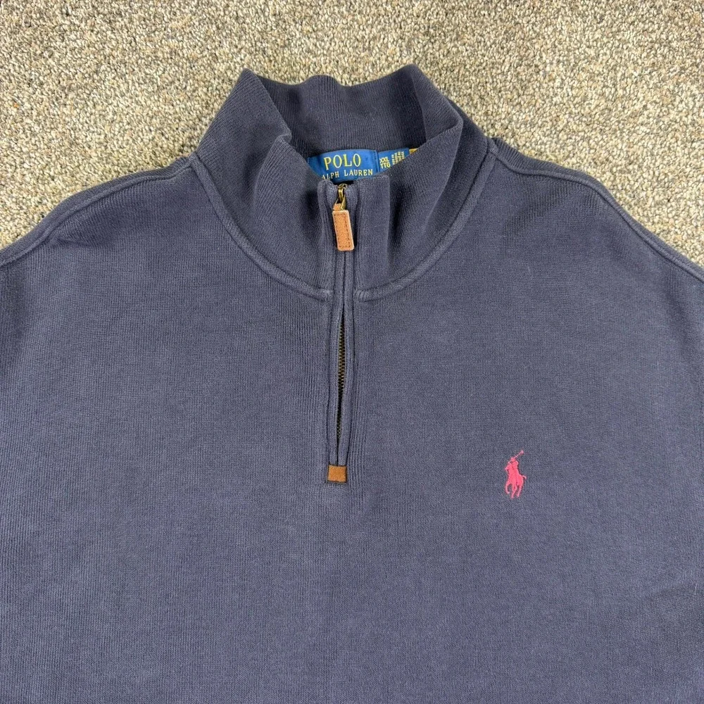 Polo Ralph Lauren Men XXL Navy Blue Quarter Zip Pullover Cotton Sweater Pony Log